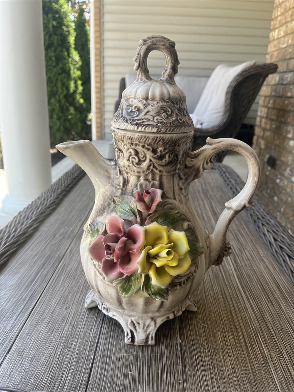 Capodimonte Porcelain Flower Pitcher With Lid Made In Italy. Pink Flower Is Chip